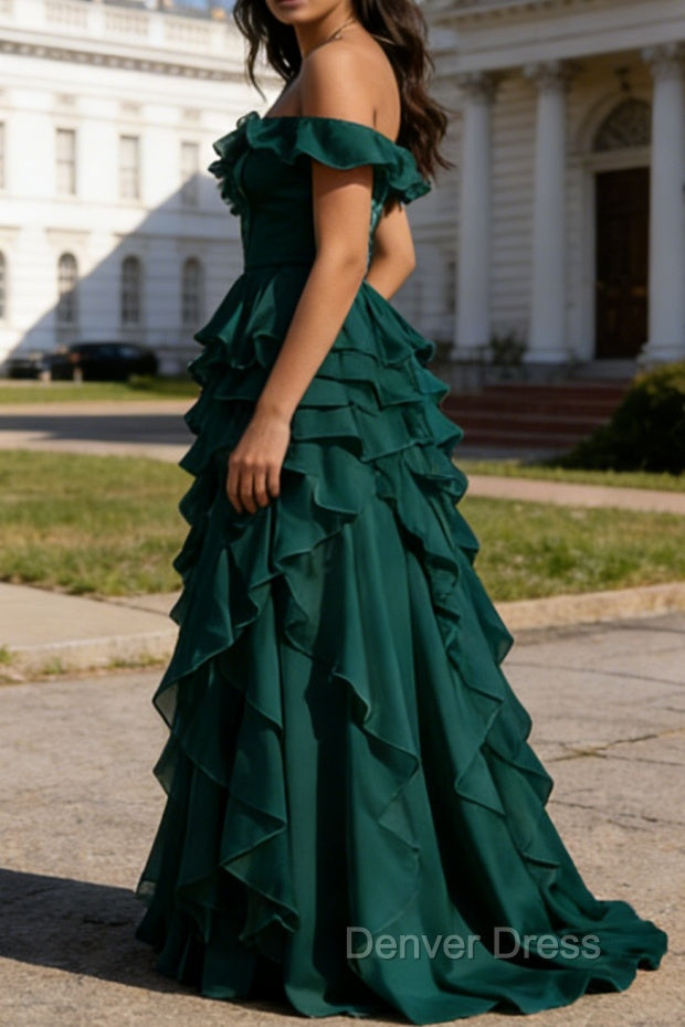 Dark Green Ruffled A-Line Square Neck Long Prom Dresses Secondary image