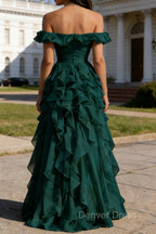 Dark Green Ruffled A-Line Square Neck Long Prom Dresses