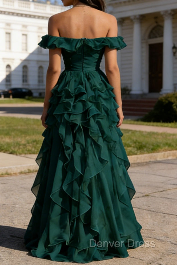 Dark Green Ruffled A-Line Square Neck Long Prom Dresses