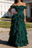 Dark Green Ruffled A-Line Square Neck Long Prom Dresses