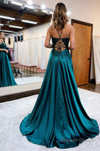 Dark Green Satin A-Line Appliques Prom Dress with Slit Formal Evening Dresses
