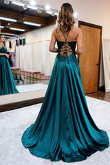 dark green satin a line appliques prom dress with slit