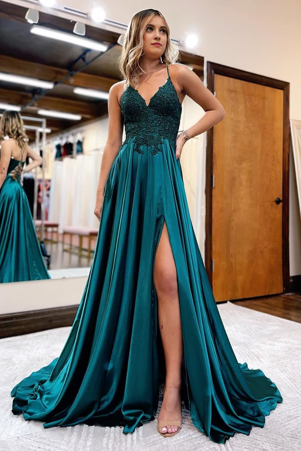 dark green satin a line appliques prom dress with slit