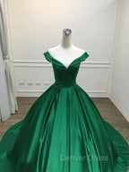 Dark Green Satin Ball Gown Long Evening Dresses Prom Dresses, Green Formal Dresses