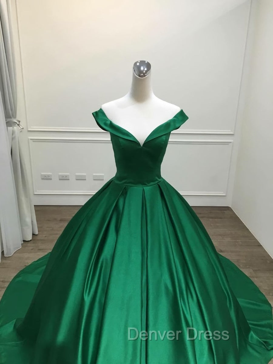 Dark Green Satin Ball Gown Long Evening Dresses Prom Dresses, Green Formal Dresses