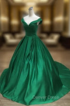 Dark Green Satin Ball Gown Long Evening Dresses Prom Dresses, Green Formal Dresses