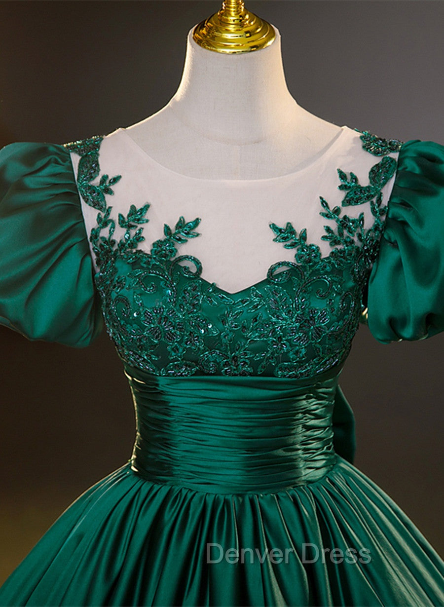 Dark Green Satin Ball Gown Sweet 16 Dresses, Green Long Formal Dresses Party Dresses