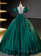 Dark Green Satin Ball Gown Sweet 16 Dresses, Green Long Formal Dresses Party Dresses