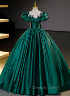 Dark Green Satin Ball Gown Sweet 16 Dresses, Green Long Formal Dresses Party Dresses