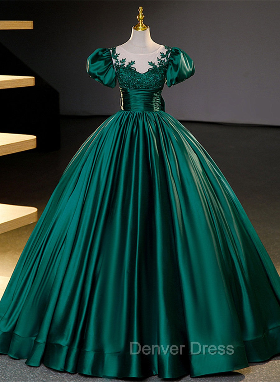 Dark Green Satin Ball Gown Sweet 16 Dresses, Green Long Formal Dresses Party Dresses