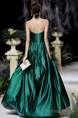 Dark Green Satin Long Prom Dress, Beautiful A-Line Strapless Evening Party Dress