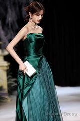 Dark Green Satin Long Prom Dress, Beautiful A-Line Strapless Evening Party Dress