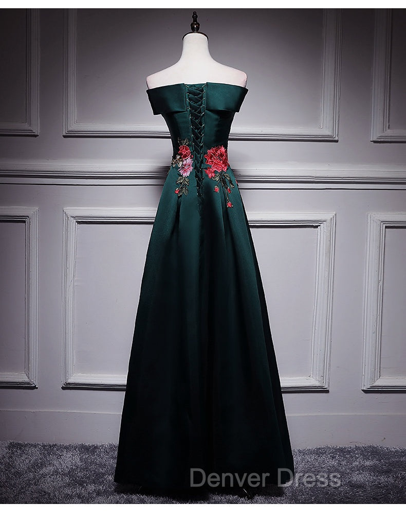 Dark Green Satin Off Shoulder Floor Length Satin Party Dresses, Green Prom Dresses Formal Dresses Secondary image