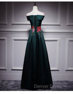 Dark Green Satin Off Shoulder Floor Length Satin Party Dresses, Green Prom Dresses Formal Dresses