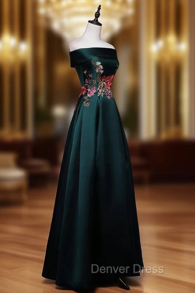 Dark Green Satin Off Shoulder Floor Length Satin Prom Dress, Green Prom Dress