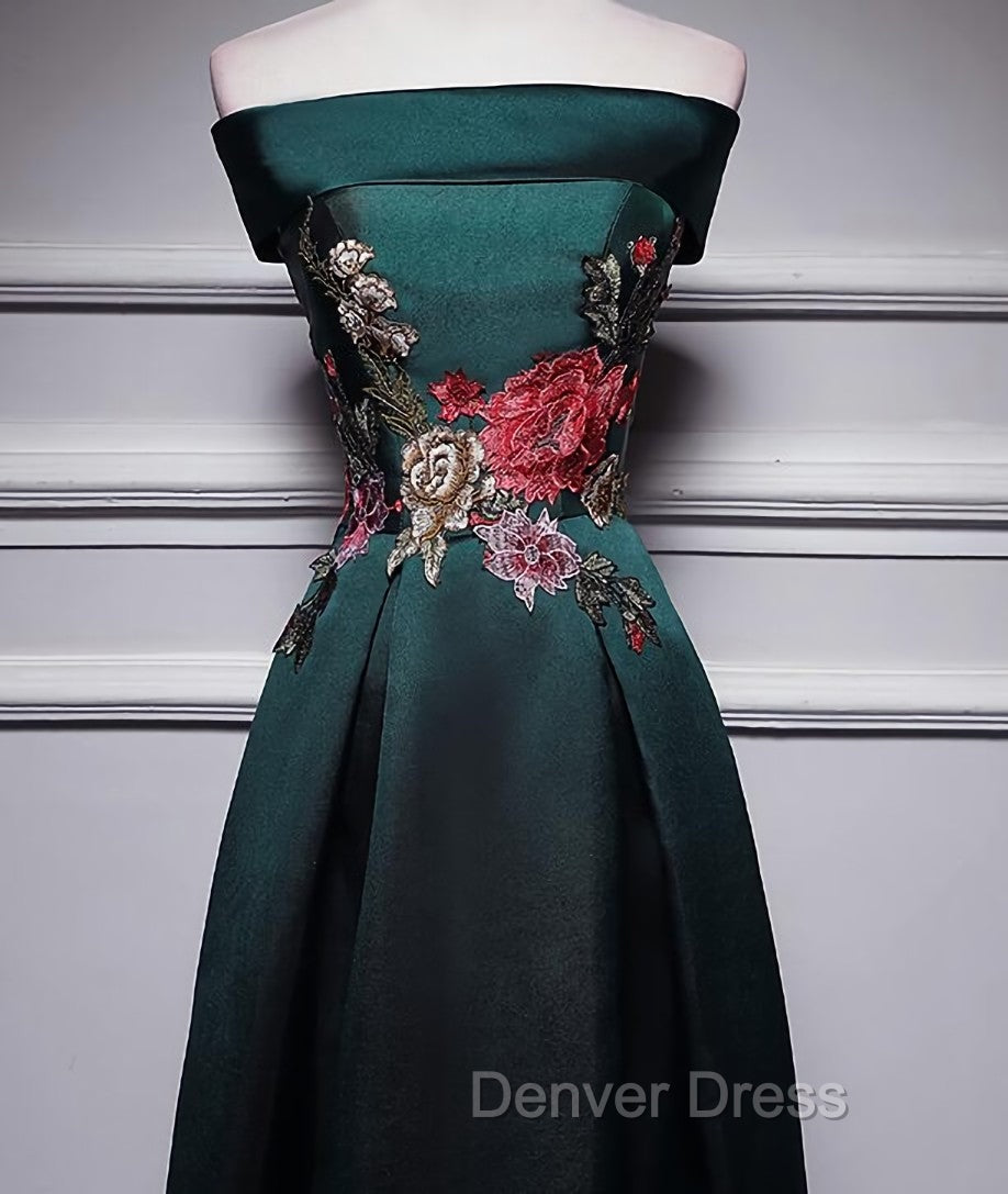 Dark Green Satin Off Shoulder Floor Length Satin Party Dresses, Green Prom Dresses Formal Dresses