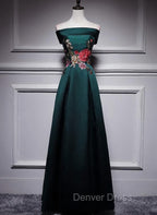 Dark Green Satin Off Shoulder Floor Length Satin Party Dresses, Green Prom Dresses Formal Dresses