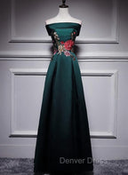 Dark Green Satin Off Shoulder Floor Length Satin Prom Dress, Green Prom Dress