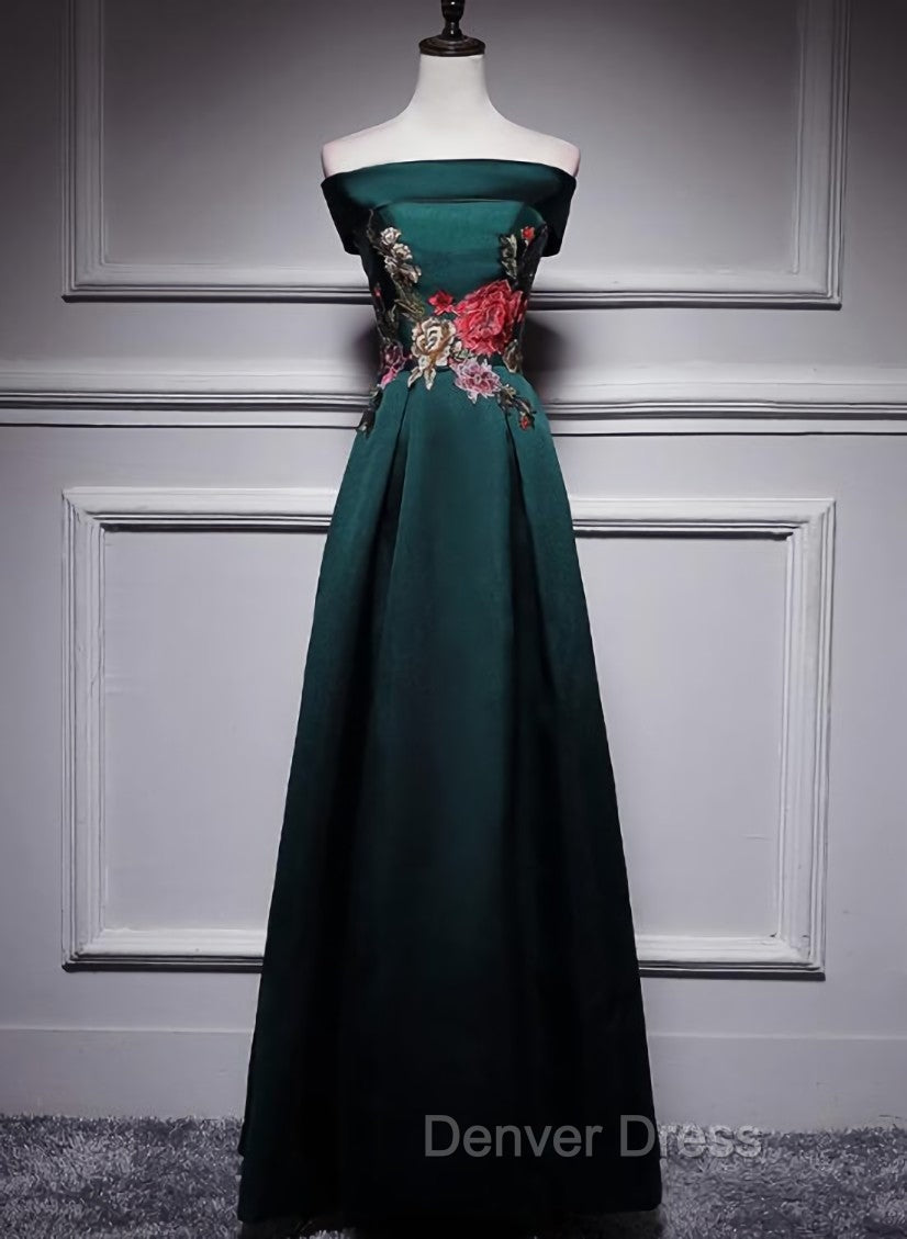 Dark Green Satin Off Shoulder Floor Length Satin Prom Dress, Green Prom Dress