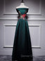Dark Green Satin Off Shoulder Floor Length Satin Prom Dress, Green Prom Dress