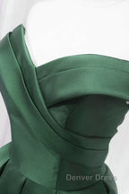 Dark Green Satin Off Shoulder Knee Length Prom Dress, Green Homecoming Dress Prom Dresses