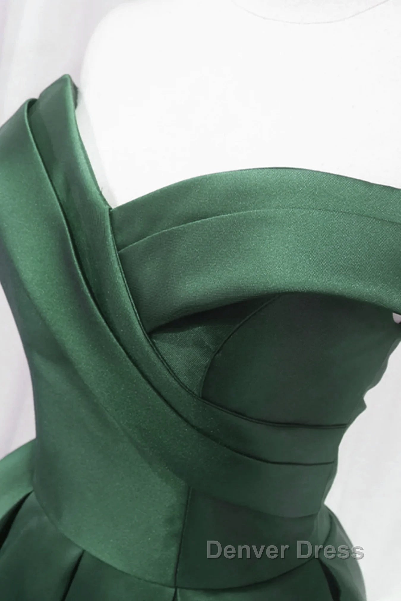 Dark Green Satin Off Shoulder Knee Length Prom Dress, Green Homecoming Dress Prom Dresses