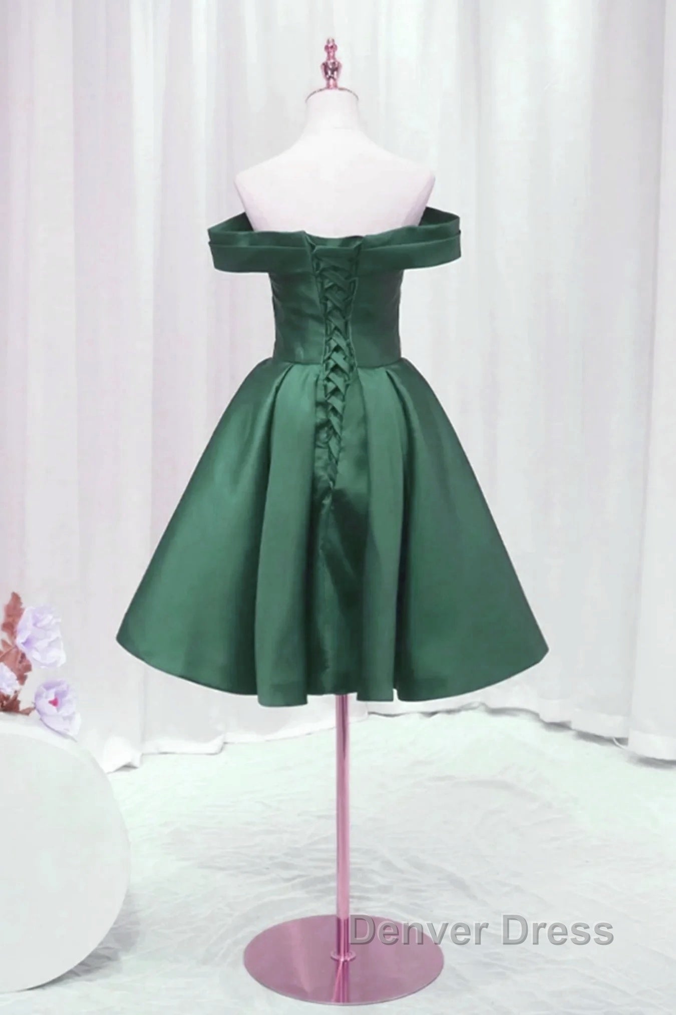 Dark Green Satin Off Shoulder Knee Length Prom Dress, Green Homecoming Dress Prom Dresses