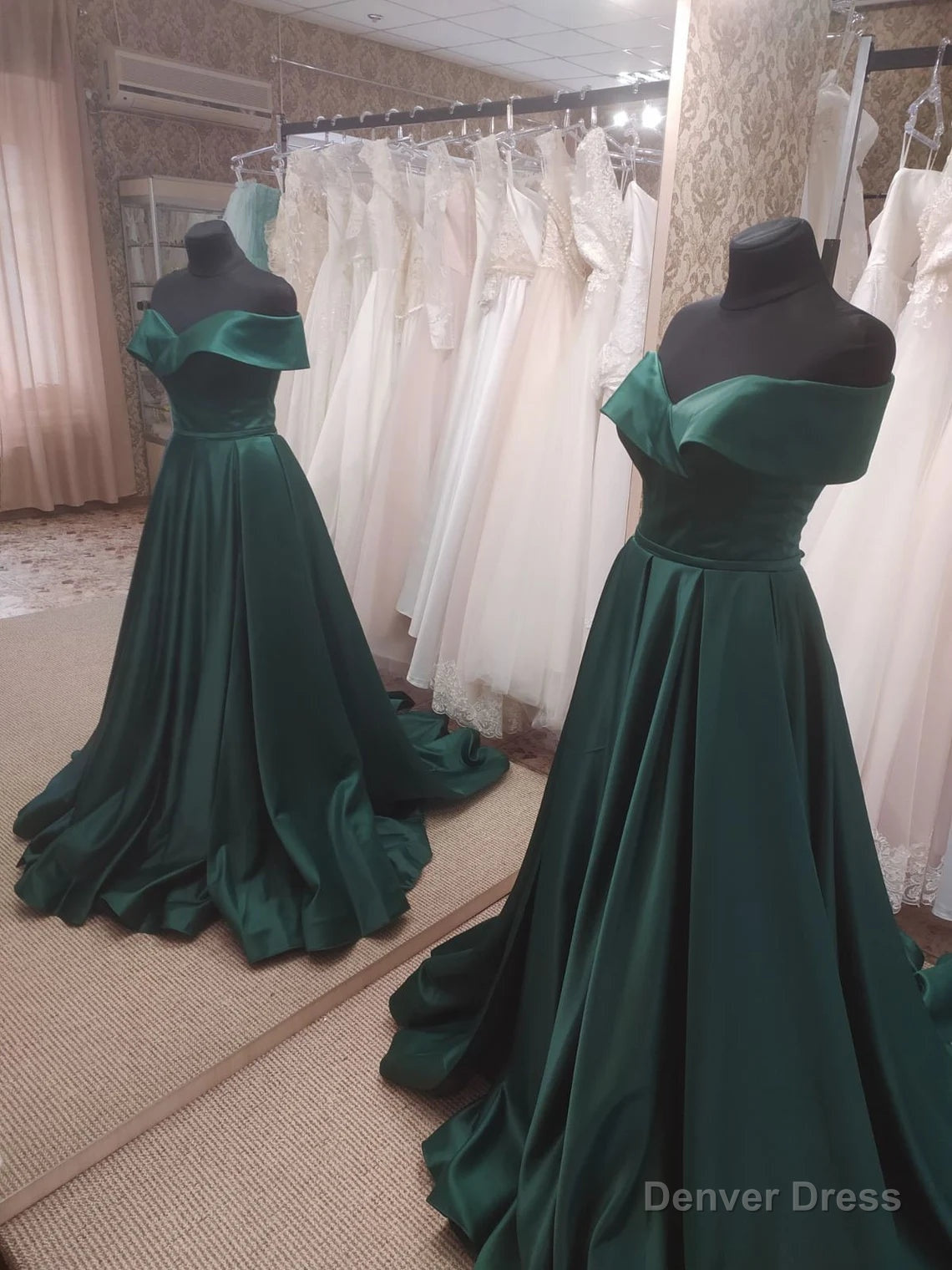 Dark Green Satin Off Shoulder Long Formal Dress with Slit, Long Evening Dresses Secondary image