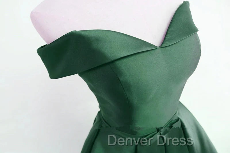 Dark Green Satin Off Shoulder Short Prom Dress, Green Homecoming Dresses Secondary image
