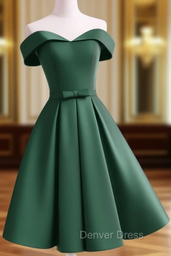 Dark Green Satin Off Shoulder Short Prom Dresses, Green Homecoming Dresses Main image