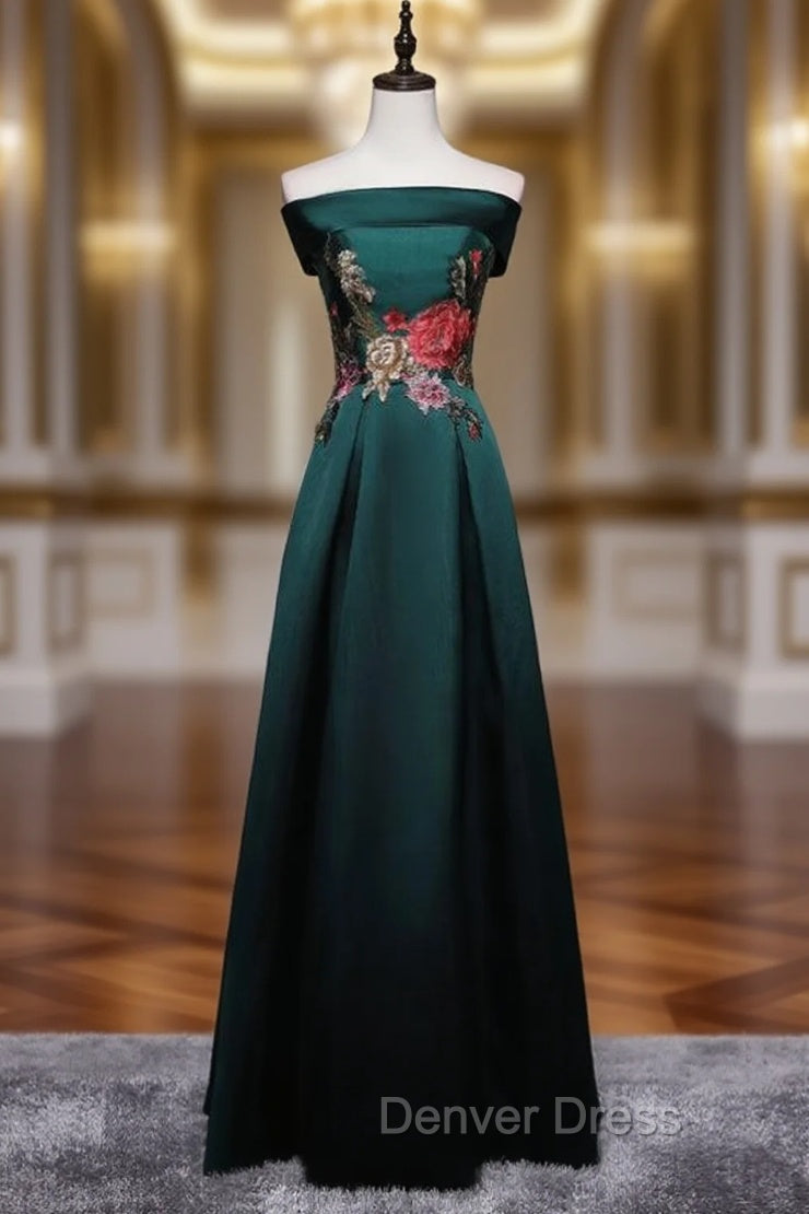 Dark Green Satin Off the Shoulder Appliques Prom Dresses Main image