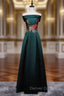 Dark Green Satin Off the Shoulder Appliques Prom Dresses