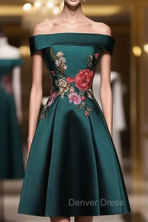 Dark Green Satin Off the Shoulder Appliques Tea Length Prom Dresses Main image