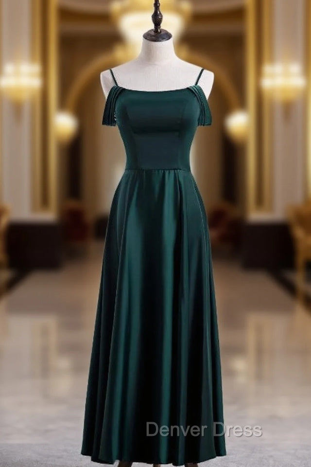 Dark Green Satin Spaghetti Straps Prom Dresses Main image