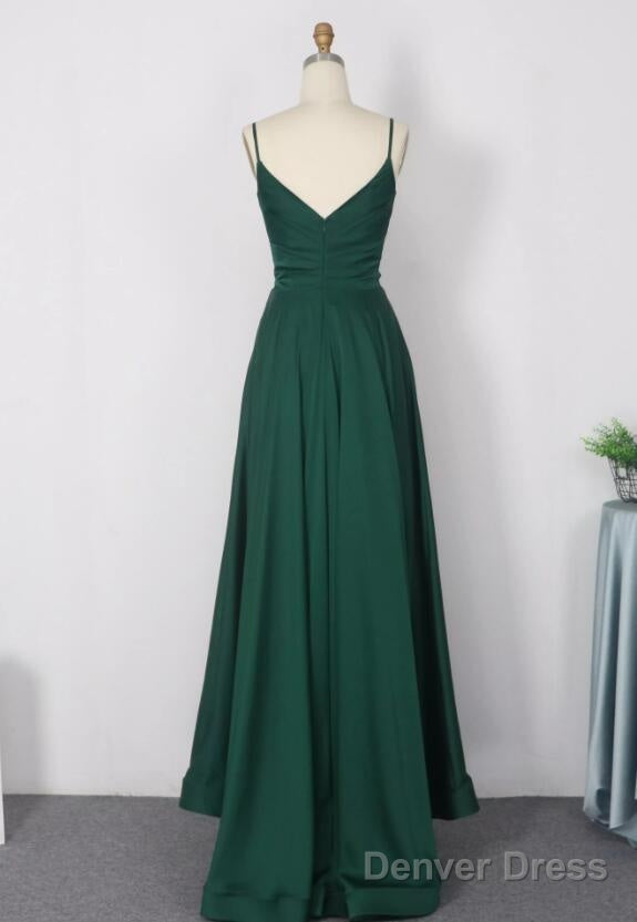 Dark Green Satin Straps V-Neckline A-Line Party Dresses, Green Evening Long Prom Dress Secondary image