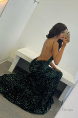 dark green sequins backless mermaid prom dress