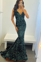 dark green sequins backless mermaid prom dress