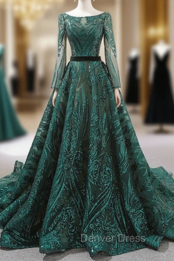 Dark Green Sequins Long Sleeve Backless Prom Dresses With Long Train