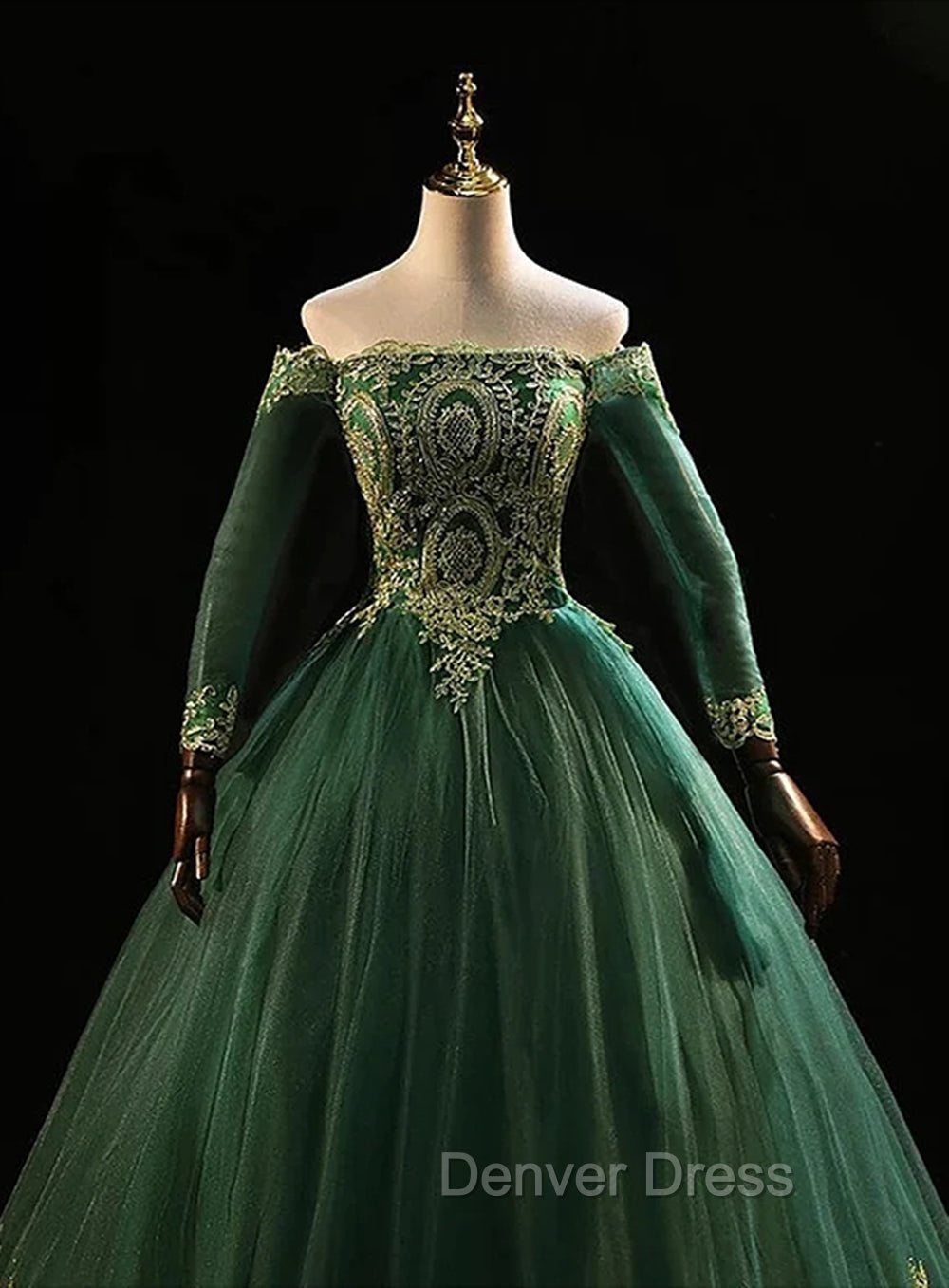Dark Green Sleeves with Gold Lace Sweet 16 Dresses, Dark Green Long Formal Dresses Secondary image