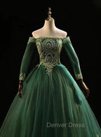 Dark Green Sleeves with Gold Lace Sweet 16 Dresses, Dark Green Long Formal Dresses