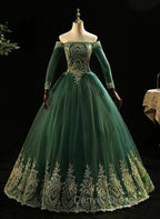 Dark Green Sleeves with Gold Lace Sweet 16 Dresses, Dark Green Long Formal Dresses