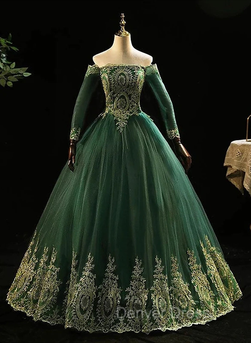 Dark Green Sleeves with Gold Lace Sweet 16 Dresses, Dark Green Long Formal Dresses