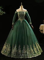 Dark Green Sleeves with Gold Lace Sweet 16 Dress, Dark Green Long Prom Dresses
