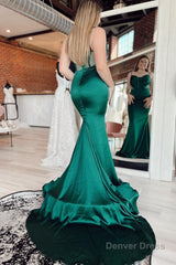 dark green spaghetti straps satin mermaid prom dress