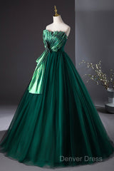 Dark Green Strapless Tulle Long Prom Dresses, Beautiful A-Line Formal Evening Dresses
