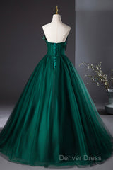 Dark Green Strapless Tulle Long Prom Dresses, Beautiful A-Line Formal Evening Dresses