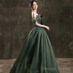 Dark Green Sweetheart Off Shoulder Long Prom Gowns, Green Sweet 16 Dresses