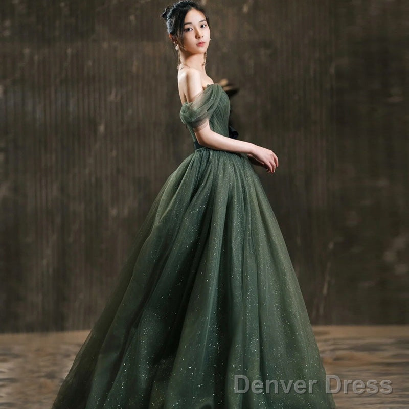 Dark Green Sweetheart Off Shoulder Long Prom Gowns, Green Sweet 16 Dresses