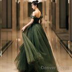 Dark Green Sweetheart Off Shoulder Long Prom Gowns, Green Sweet 16 Dresses