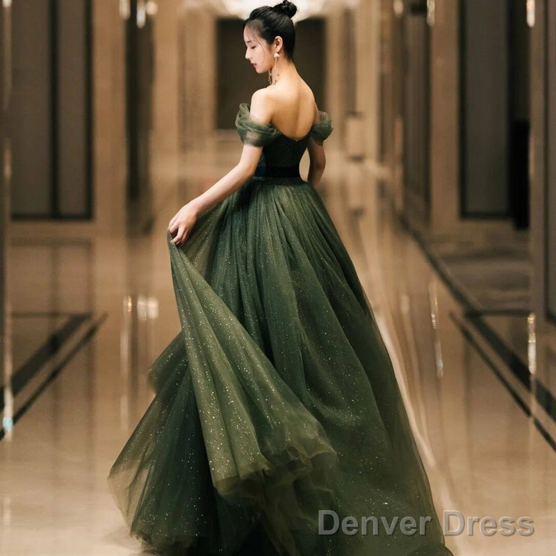 Dark Green Sweetheart Off Shoulder Long Prom Gowns, Green Sweet 16 Dresses